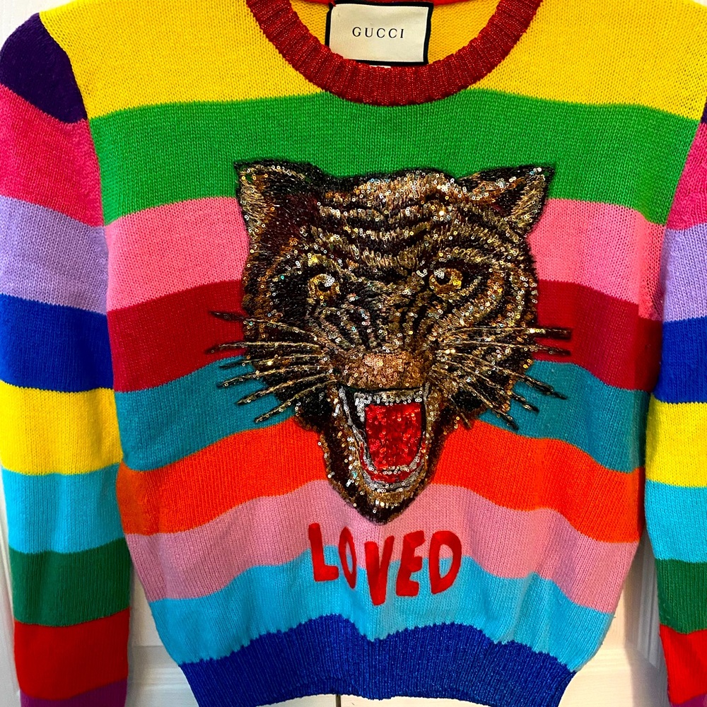 Authentic Gucci multi-color sweater with gold sequins signature Lions head